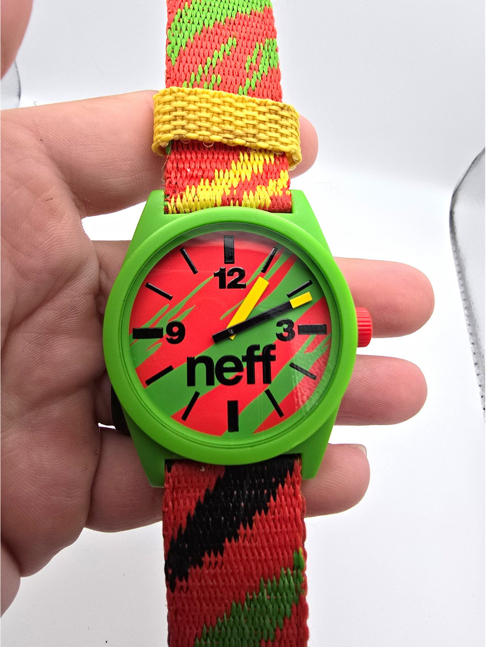 Neff Daily Quartz Analog Watch Green Plastic Case Red/Green Dial Nylon Strap 50m